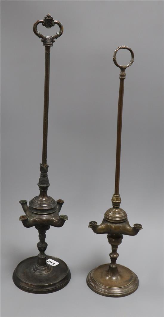 Two bronze rise and fall oil lamps